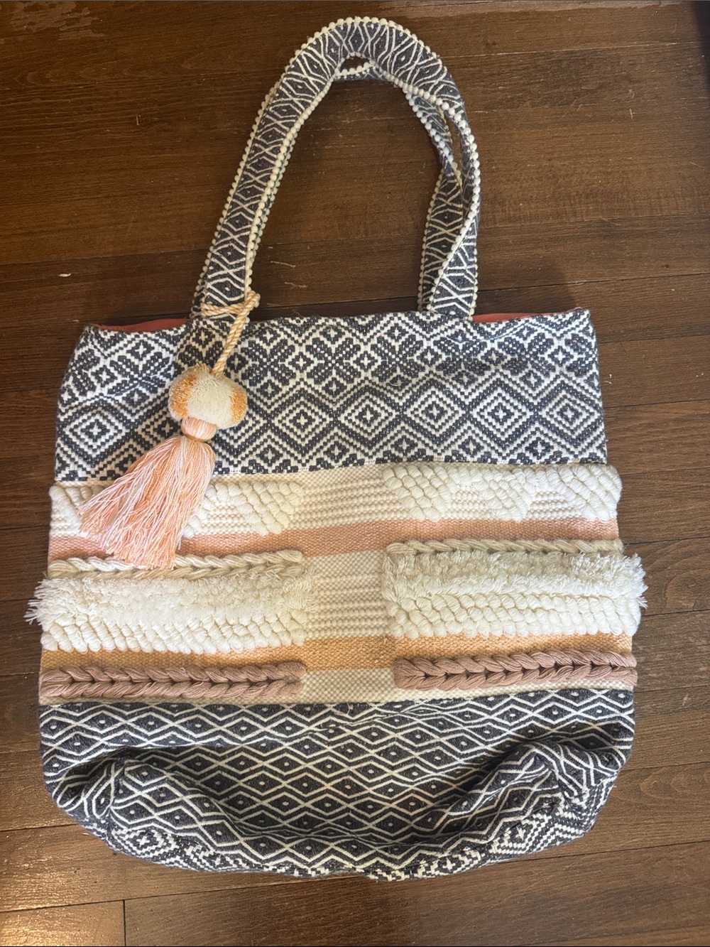 Woven Boho Tote Bag in Cream and Blush
